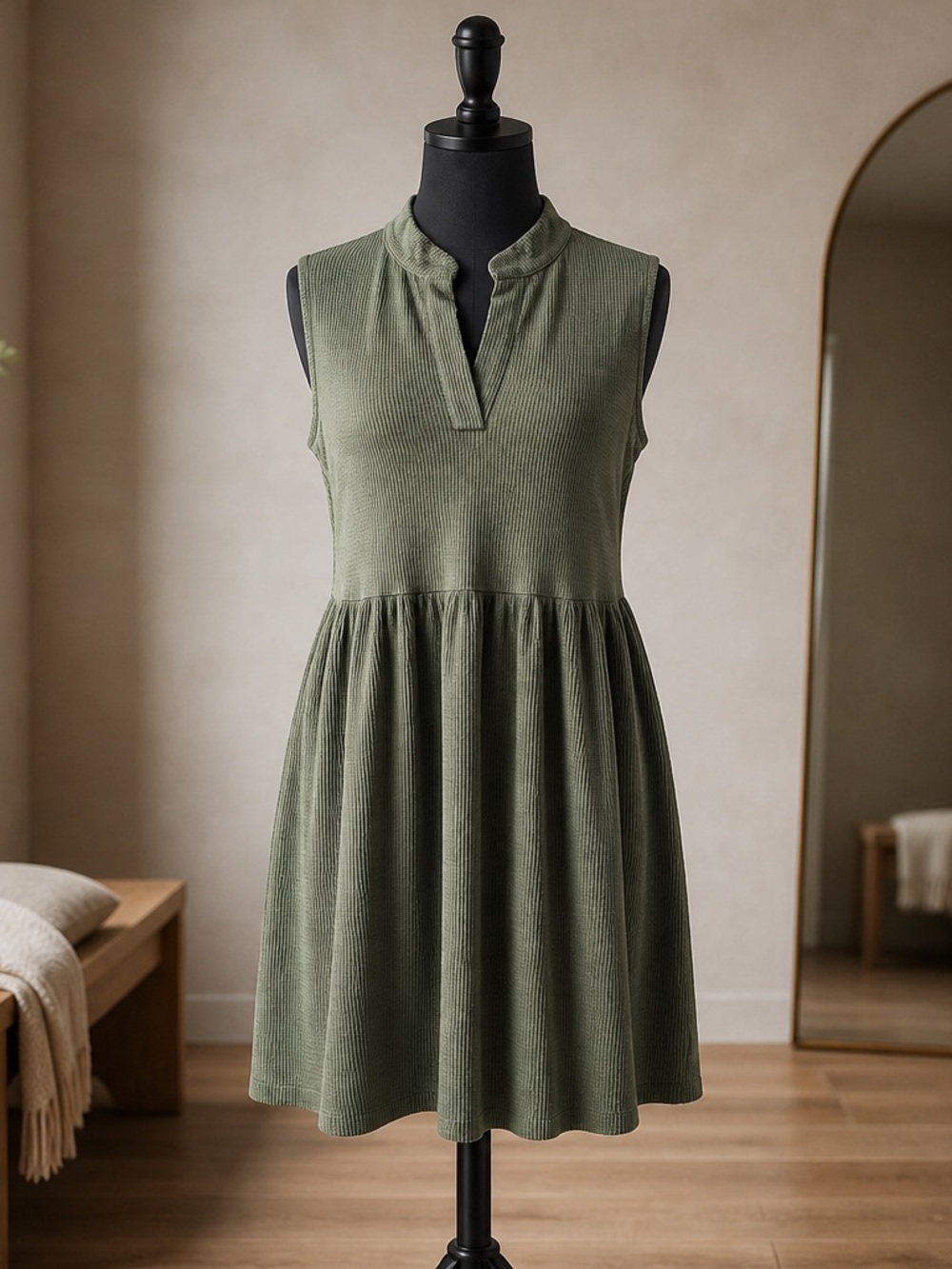 Sew In Love Olive Green Sleeveless Ribbed Fit-and-Flare Over-Sized Soft Dress
